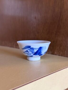 Vintage Japanese Porcelain Sake Cup Blue Design White Guinomi Ochoko
